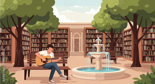 Man playing guitar near fountain in library courtyard