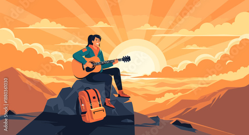 Man playing guitar on a mountain peak at sunset
