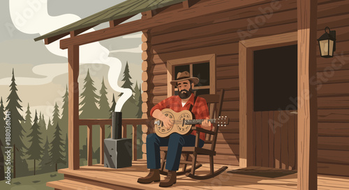 Man playing guitar on cabin porch in forest