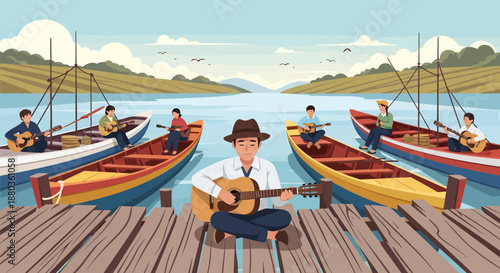 Man playing guitar on dock with musicians on boats