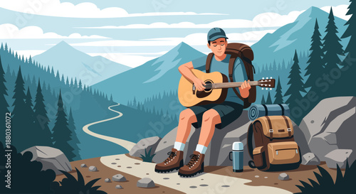 Man playing guitar on mountain trail with scenic view