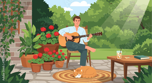 Man playing guitar on patio with cat relaxing