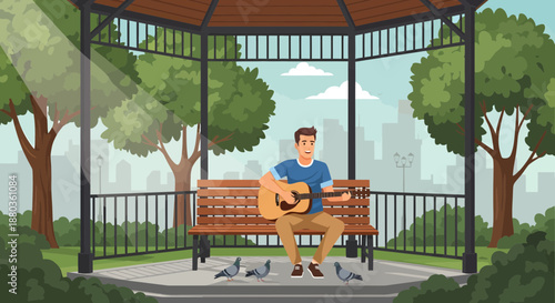 Man playing guitar on park bench with pigeons