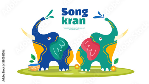 Two cute elephants playing water and celebrating songkran festival together happily