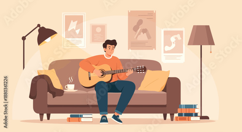 Relaxed Man Playing Guitar on Cozy Sofa at Home