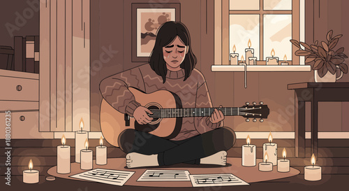 Relaxed woman playing acoustic guitar at home