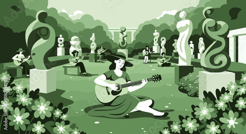 Relaxed Woman Playing Guitar in Sculpture Garden