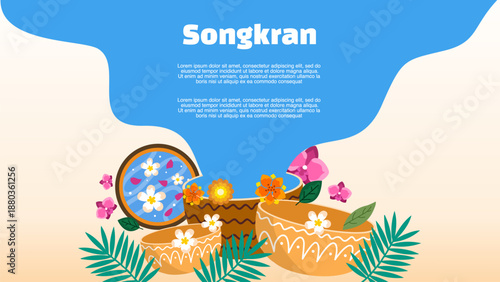 Traditional songkran festival banner with water bowls jasmine and floating flowers