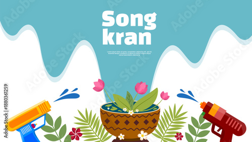 colorful songkran festival banner with water guns and bowl of pink flowers