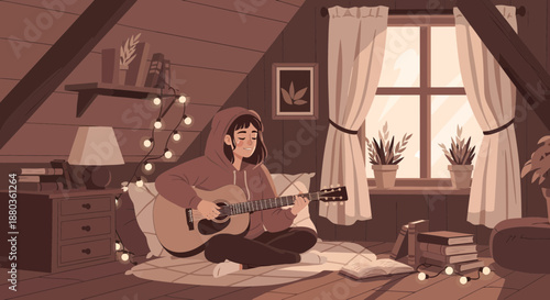 Relaxed young woman playing guitar on cozy attic rug