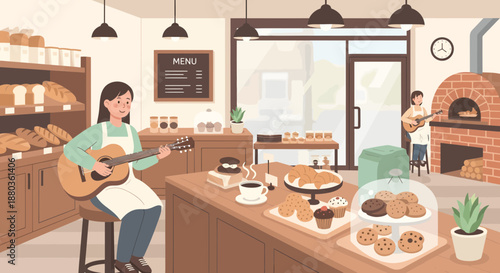 Woman playing guitar in cozy bakery with pastries on counter