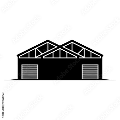 black silhouette of a warehouse building with a peaked roof and large garage doors, representing storage or industrial facility