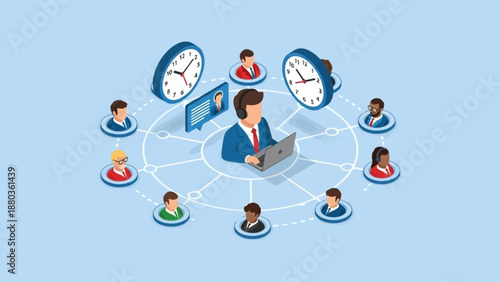Global customer service or remote business team network illustration with time zone management symbols