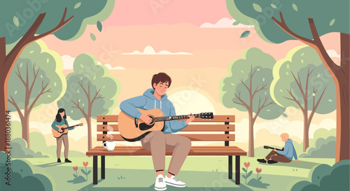 Young Man Playing Acoustic Guitar in a Park at Sunset