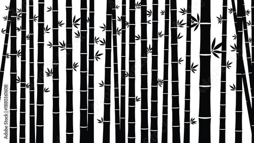 Black bamboo forest silhouette pattern with tall stalks and leaves isolated on white background for zen, nature, eco and decorative design use