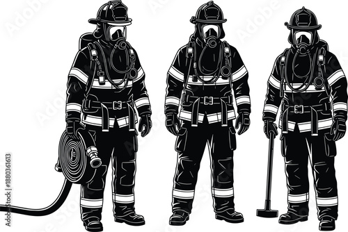 Black firefighter silhouette illustration featuring professional fire rescue team with protective gear and equipment isolated on white background for emergency safety design use