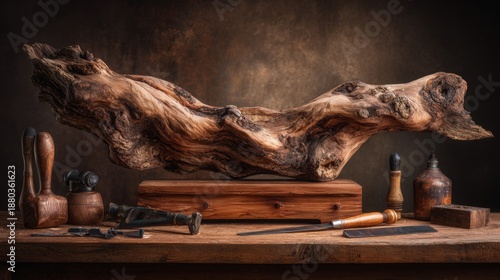 Still life of a natural driftwood sculpture on a rustic wooden workbench with artisan tools.
