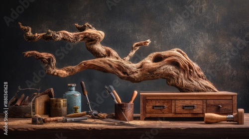 Still life of a natural driftwood sculpture on a rustic wooden workbench with artisan tools.