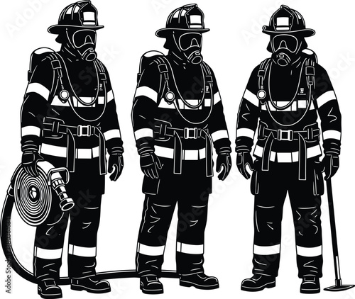 Black firefighter silhouette illustration showing professional fire rescue team with protective equipment isolated on white background for emergency safety design