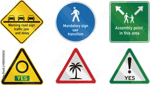 road safety signs, traffic warning, pedestrian symbol, assembly point, triangular caution, directional signage, public safety, alert signs, urban guidance, hazard indicators
