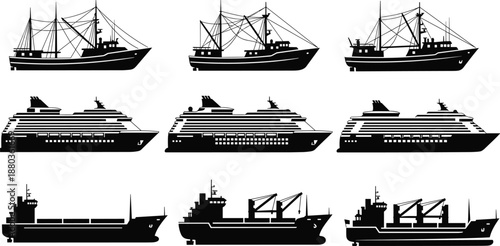 Black maritime ship silhouette collection featuring fishing boats, cruise liners and cargo vessels isolated on white background for transportation and nautical design projects