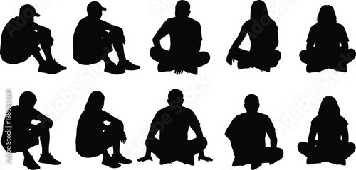 Black sitting people silhouette collection featuring men and women in relaxed poses isolated on white background for lifestyle, social and concept design use