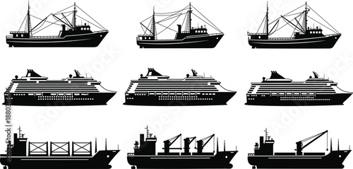Black ship and boat silhouette collection featuring fishing vessels cruise ships and cargo ships isolated on white background for maritime design use