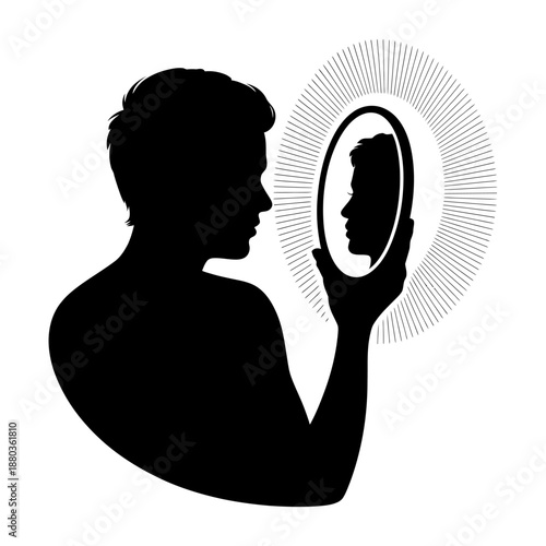 black silhouette of a person holding a mirror reflecting their own face, symbolizing self-reflection, identity, and introspection