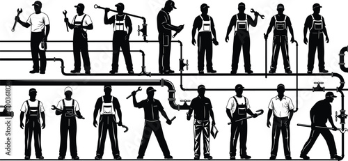 Industrial worker silhouette set showing factory, plumbing and maintenance professionals with tools and pipelines isolated on white background