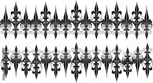 Ornate black fleur de lis decorative border pattern with vintage floral elements isolated on white background for luxury, heraldic and classic design use