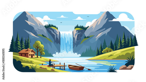Idyllic landscape illustration of a person fishing from a wooden dock by a cabin, with a waterfall and mountains in the background.