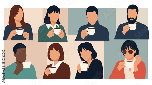 A collage of diverse, faceless people enjoying a coffee break, holding white mugs in a modern, minimalist illustration style.