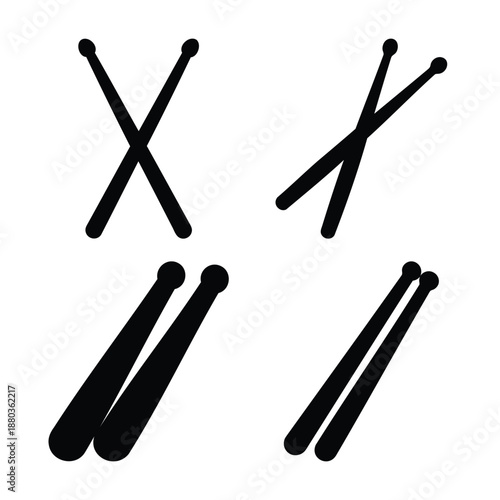 Various arrangements of black drumsticks in a minimalist style on a white background