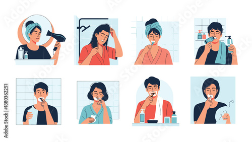 A set of illustrations showing people's daily morning hygiene routines like brushing teeth, washing, shaving, and drying hair.