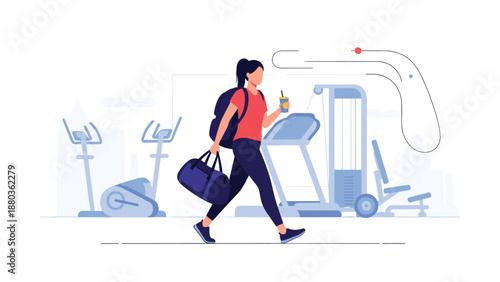 A fit young woman with a ponytail, carrying a gym bag and a drink, walks into a modern fitness center to work out.