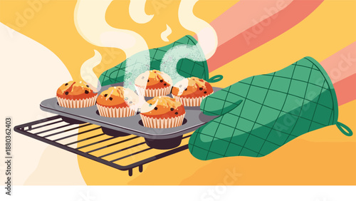 Hands wearing green oven mitts are holding a tray of freshly baked, steaming hot chocolate chip muffins over a cooling rack.