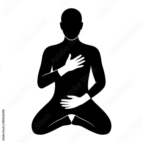 black silhouette of a person in a meditative pose with one hand on their chest, symbolizing inner peace and mindfulness