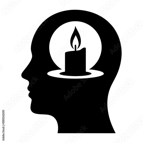 black silhouette of a human head with a candle inside, symbolizing enlightenment, knowledge, and reflection