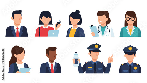 A collection of professional people avatars, including a doctor, police officers, and businesspeople, representing various occupations.