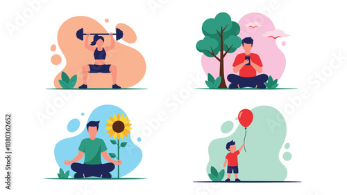 A set of four flat illustrations depicting people engaged in wellness activities like weightlifting, meditation, and enjoying nature.