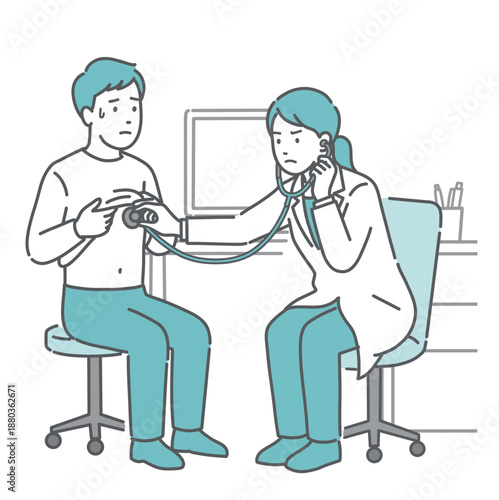聴診を受ける冷や汗をかいた男性と深刻な表情の白衣の女性医師のイラスト