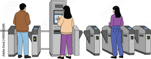 People using metro ticket gates and vending machine at subway station entrance public transportation access illustration vector