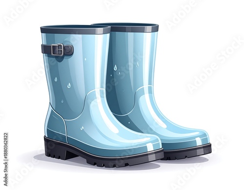 Pair of light-blue, glossy rain boots with water droplets, buckled straps, and black soles