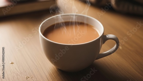 Hot Milk Tea in Ceramic Cup on Wooden Surface