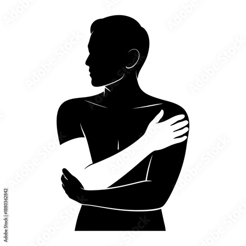 black silhouette of a person hugging themselves, symbolizing self-love, comfort, and emotional care