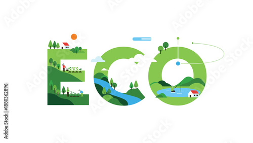 The word 'ECO' is creatively designed with green landscapes, trees, and people gardening, representing environmental conservation.