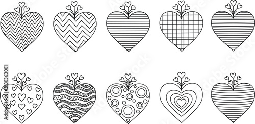 Set of decorative heart icons with patterns showing love romance valentine symbols black and white vector illustration