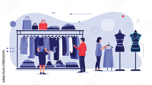Shoppers browse through a modern clothing store with racks of apparel and mannequins, assisted by a helpful sales associate.
