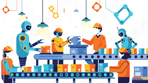 A futuristic factory assembly line where humans and robots work together, collaborating on packaging and production tasks.