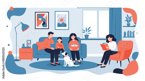 A happy family, including parents, two children, and a dog, spends quality time together reading books in their cozy living room.